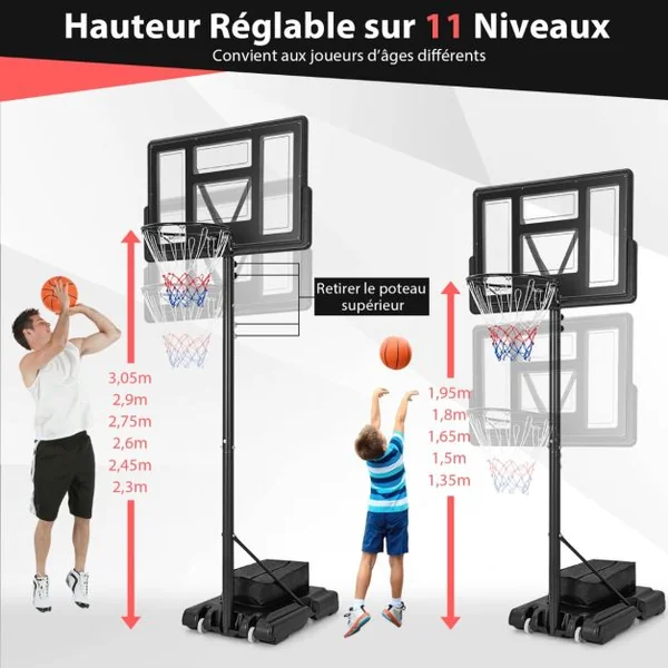 Panier de Basket-Ball sur Pied avec Hauteur Réglable à 11 Niveaux 135-305 CM Ensemble de Basketball avec Base Rechargeable