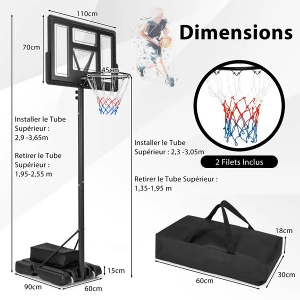 Panier de Basket-Ball sur Pied avec Hauteur Réglable à 11 Niveaux 135-305 CM Ensemble de Basketball avec Base Rechargeable