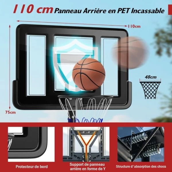 Panier de Basket-Ball sur Pied avec Hauteur Réglable à 12 Niveaux 232-305CM Basketball avec Roues Panneau Arrière Rangement de Balle