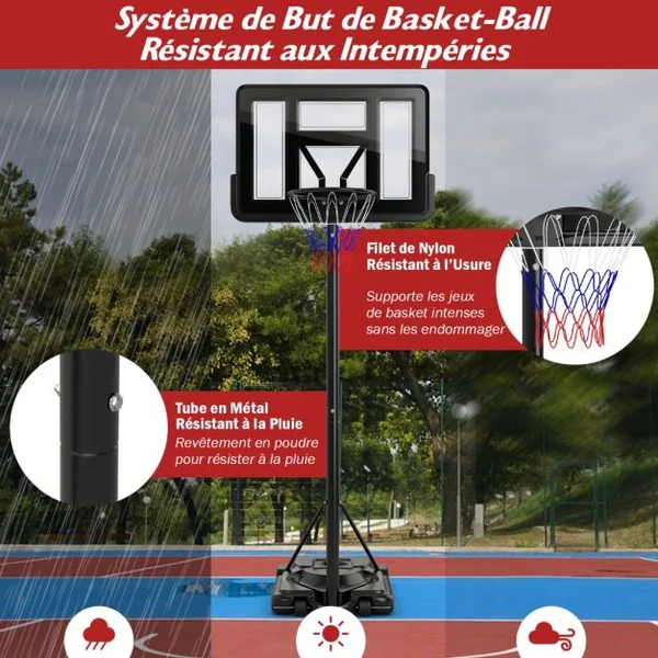Panier de Basket-Ball sur Pied avec Hauteur Réglable à 12 Niveaux 232-305CM Basketball avec Roues Panneau Arrière Rangement de Balle