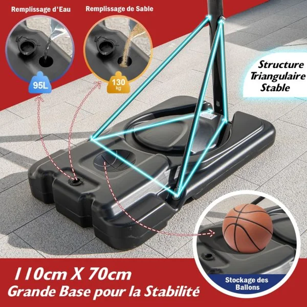 Panier de Basket-Ball sur Pied avec Hauteur Réglable à 12 Niveaux 232-305CM Basketball avec Roues Panneau Arrière Rangement de Balle