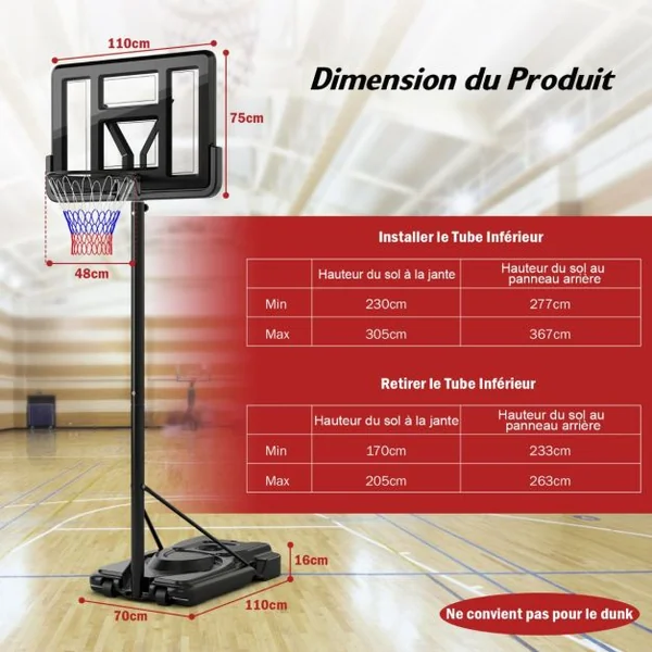 Panier de Basket-Ball sur Pied avec Hauteur Réglable à 12 Niveaux 232-305CM Basketball avec Roues Panneau Arrière Rangement de Balle