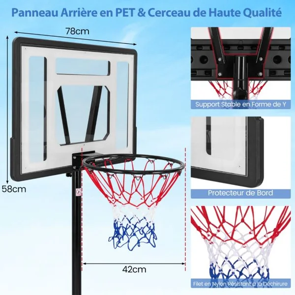 Panier de Basket-ball sur Pied avec Hauteur Réglable à 8 Niveaux 172-305CM Ensemble de Basketball avec Tube Central Amovible Base de 32 L