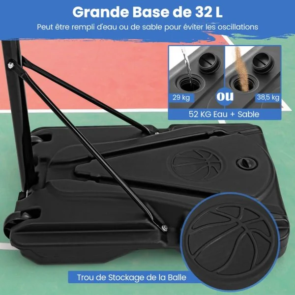 Panier de Basket-ball sur Pied avec Hauteur Réglable à 8 Niveaux 172-305CM Ensemble de Basketball avec Tube Central Amovible Base de 32 L