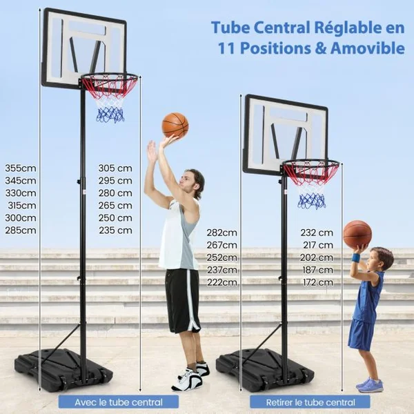 Panier de Basket-ball sur Pied avec Hauteur Réglable à 8 Niveaux 172-305CM Ensemble de Basketball avec Tube Central Amovible Base de 32 L