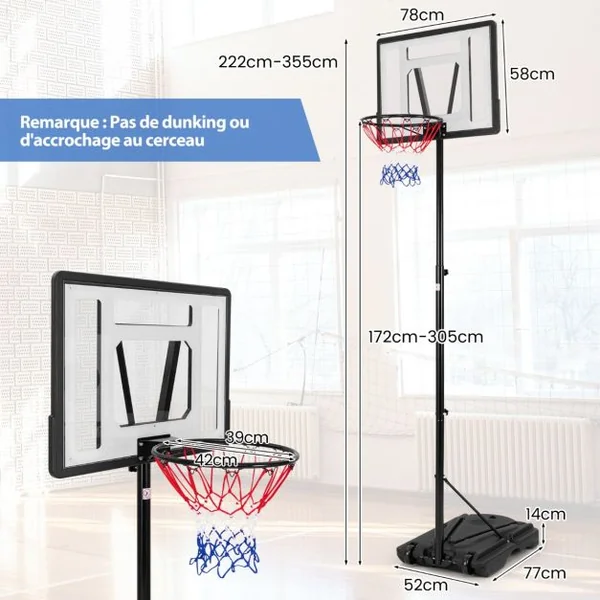 Panier de Basket-ball sur Pied avec Hauteur Réglable à 8 Niveaux 172-305CM Ensemble de Basketball avec Tube Central Amovible Base de 32 L