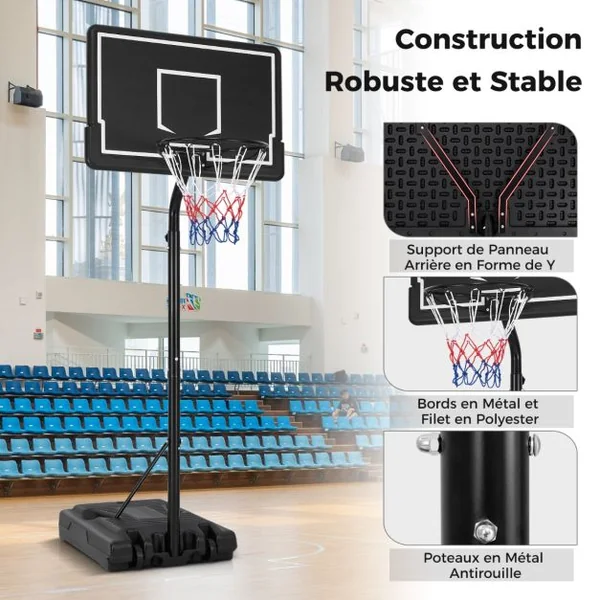 Panier de Basket-Ball sur Pied Hauteur 210-260cm Support de Basketball Mobile avec Base Remplissable Panneau Arrière en PC et Roues