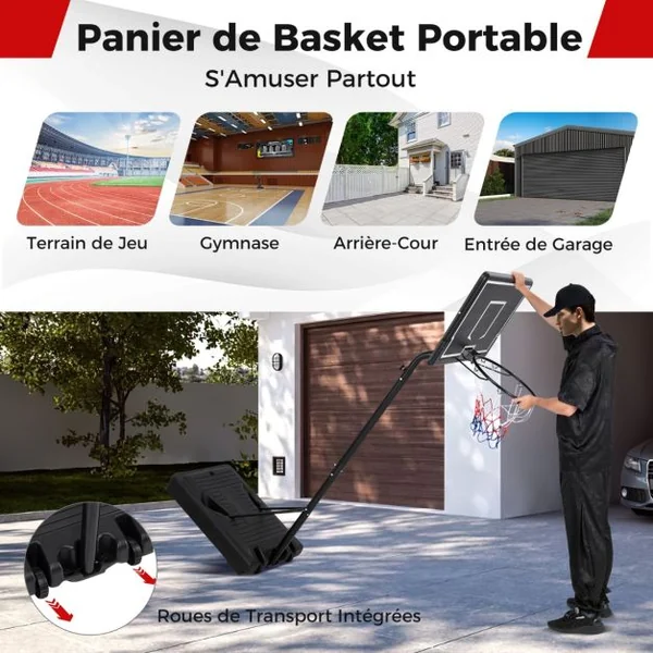 Panier de Basket-Ball sur Pied Hauteur 210-260cm Support de Basketball Mobile avec Base Remplissable Panneau Arrière en PC et Roues
