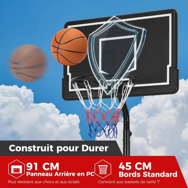 Panier de Basket-Ball sur Pied Hauteur 210-260cm Support de Basketball Mobile avec Base Remplissable Panneau Arrière en PC et Roues