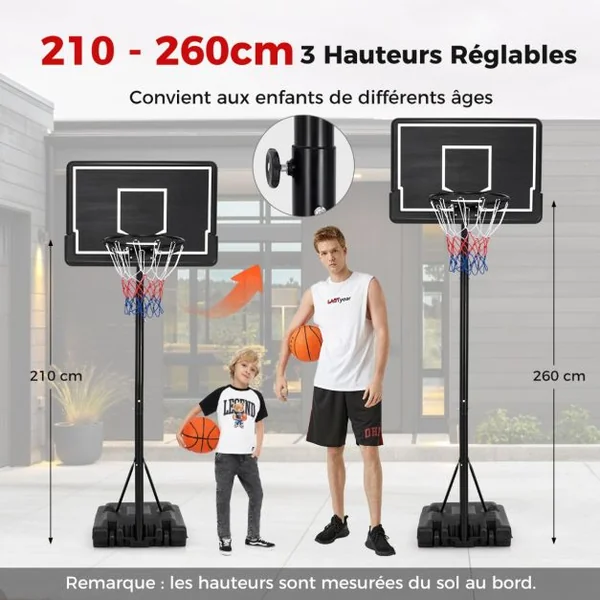 Panier de Basket-Ball sur Pied Hauteur 210-260cm Support de Basketball Mobile avec Base Remplissable Panneau Arrière en PC et Roues