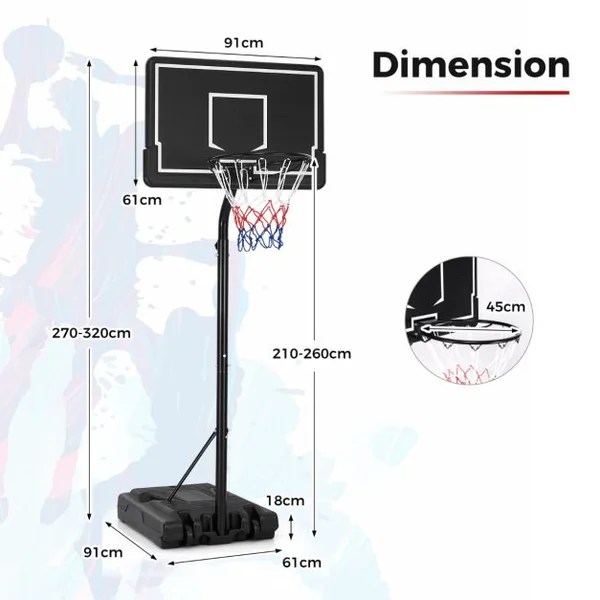 Panier de Basket-Ball sur Pied Hauteur 210-260cm Support de Basketball Mobile avec Base Remplissable Panneau Arrière en PC et Roues