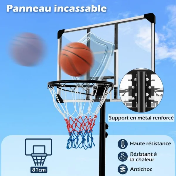 Panier de Basket-Ball sur Pied Hauteur Réglable 176-206cm Support de Basketball Mobile avec Base Remplissable Panneau Incassable et Roues
