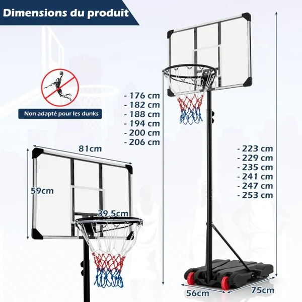 Panier de Basket-Ball sur Pied Hauteur Réglable 176-206cm Support de Basketball Mobile avec Base Remplissable Panneau Incassable et Roues