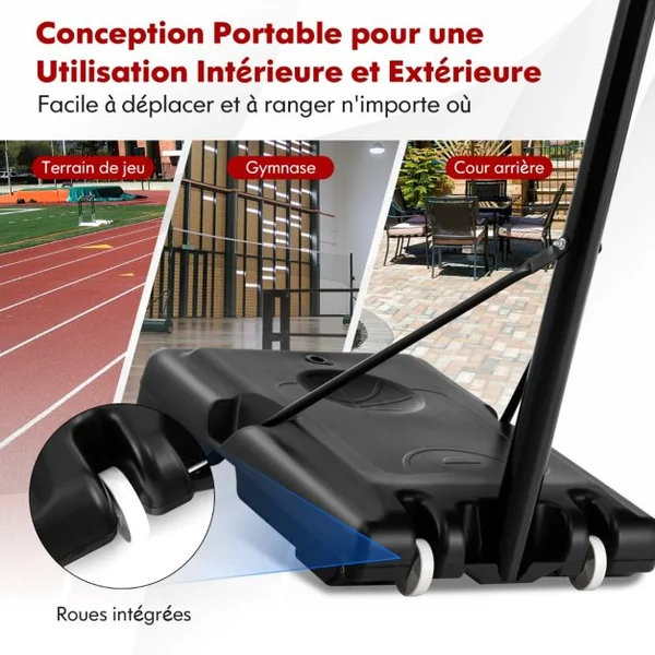 Panier de Basket-Ball sur pied Réglable en Hauteur 130-305 cm 12 Niveaux avec Roulettes Mobile 2 Filets Base de Lestage