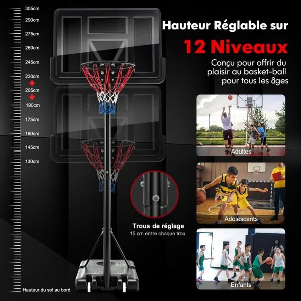 Panier de Basket-Ball sur pied Réglable en Hauteur 130-305 cm 12 Niveaux avec Roulettes Mobile 2 Filets Base de Lestage