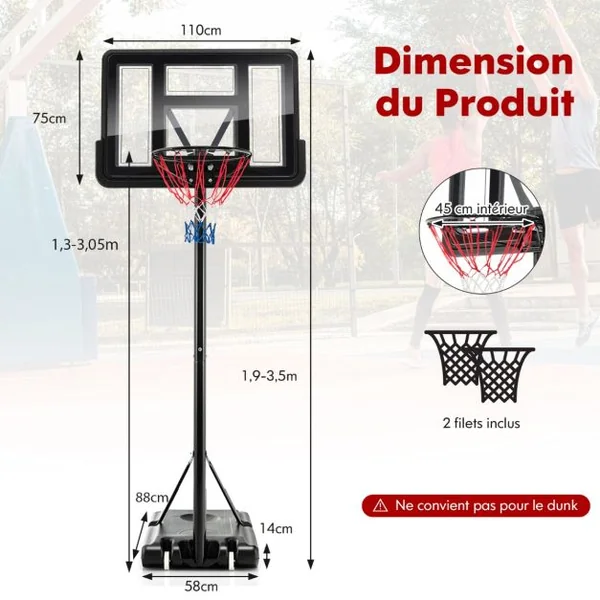 Panier de Basket-Ball sur pied Réglable en Hauteur 130-305 cm 12 Niveaux avec Roulettes Mobile 2 Filets Base de Lestage