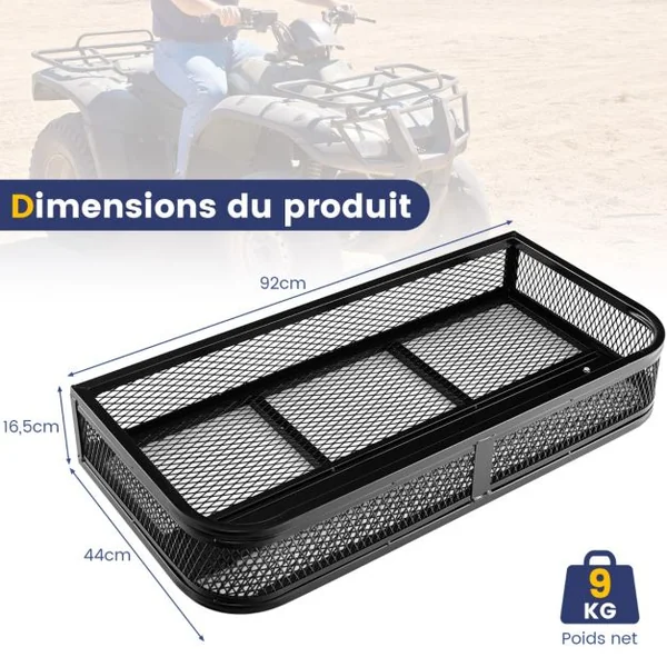 Panier pour Véhicule Tout Terrain en Métal avec Conception en Maille Panier de Rack Avant Porte-Bagages pour VTT 92 x 44 x 16,5 cm Noir