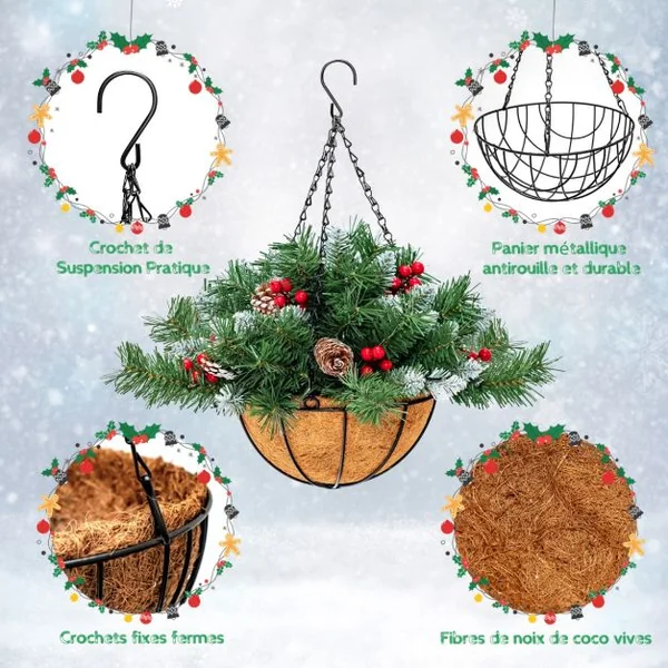 Panier Suspendu de Noël Artificiel Pré-Illuminé avec 60 Branches Enneigées 7 Pommes de Pin 7 Baies Rouges 30 Lumières LED