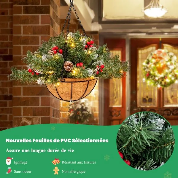 Panier Suspendu de Noël Artificiel Pré-Illuminé avec 60 Branches Enneigées 7 Pommes de Pin 7 Baies Rouges 30 Lumières LED