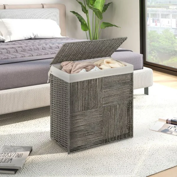 Panier à Linge 110L Pliable à 2 Sections avec Couvercle Panier à Linge en Rotin Tressé à la Main avec Poignées Pratiques Gris