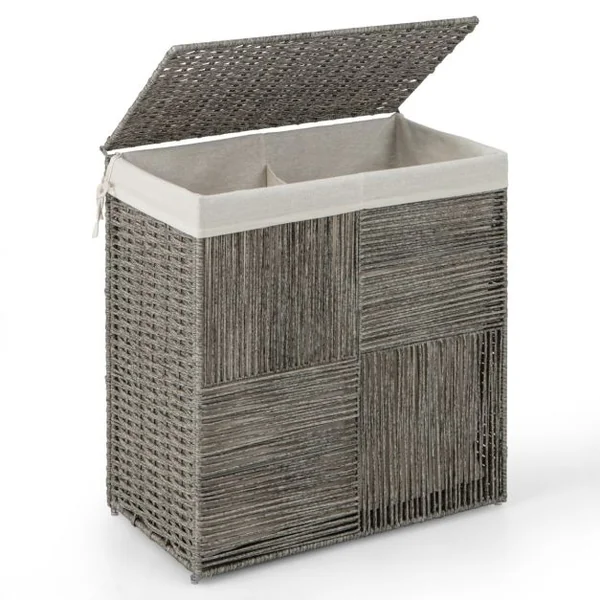 Panier à Linge 110L Pliable à 2 Sections avec Couvercle Panier à Linge en Rotin Tressé à la Main avec Poignées Pratiques Gris