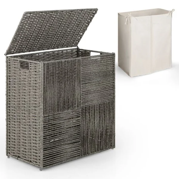 Panier à Linge 110L Pliable à 2 Sections avec Couvercle Panier à Linge en Rotin Tressé à la Main avec Poignées Pratiques Gris