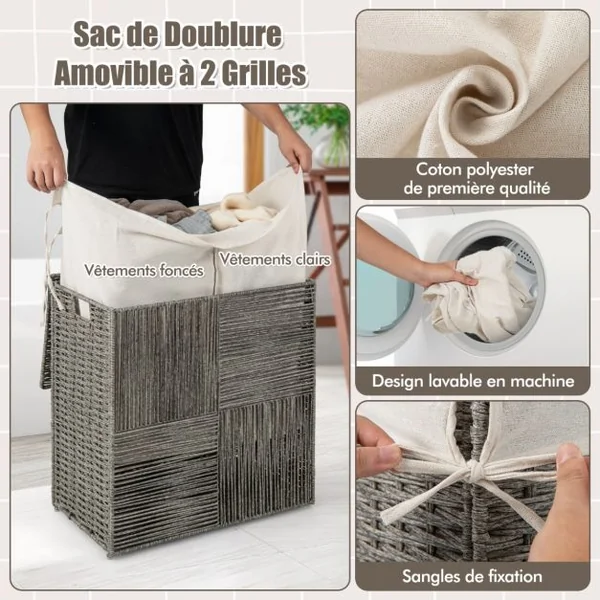 Panier à Linge 110L Pliable à 2 Sections avec Couvercle Panier à Linge en Rotin Tressé à la Main avec Poignées Pratiques Gris