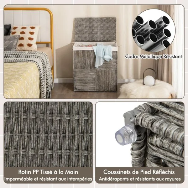 Panier à Linge 110L Pliable à 2 Sections avec Couvercle Panier à Linge en Rotin Tressé à la Main avec Poignées Pratiques Gris