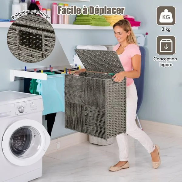 Panier à Linge 110L Pliable à 2 Sections avec Couvercle Panier à Linge en Rotin Tressé à la Main avec Poignées Pratiques Gris