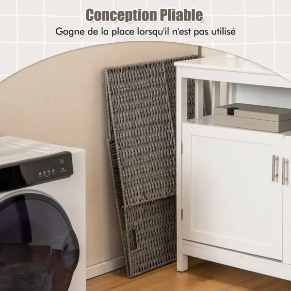 Panier à Linge 110L Pliable à 2 Sections avec Couvercle Panier à Linge en Rotin Tressé à la Main avec Poignées Pratiques Gris