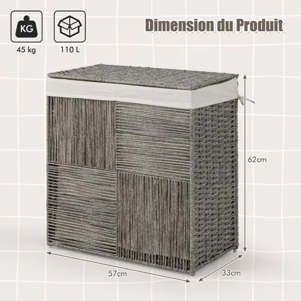 Panier à Linge 110L Pliable à 2 Sections avec Couvercle Panier à Linge en Rotin Tressé à la Main avec Poignées Pratiques Gris