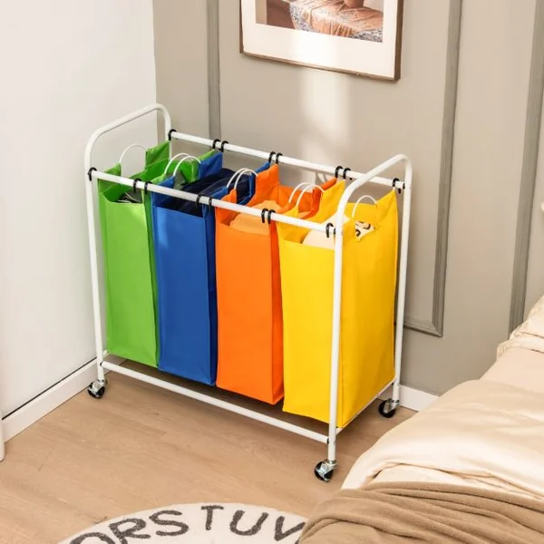 Panier à Linge 136L à Roulettes 4 Compartiments en Polyester avec Poignée Amovibles et Lavables 82 x 39 x 85 CM