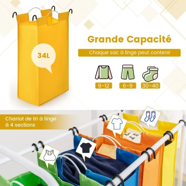 Panier à Linge 136L à Roulettes 4 Compartiments en Polyester avec Poignée Amovibles et Lavables 82 x 39 x 85 CM