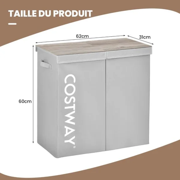 Panier à Linge 2 Compartiments 105 L 2 Couvercles Séparés et 2 Poignées 62 x 31 x 60 cm (L x l x H) Gris