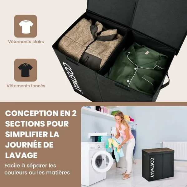 Panier à Linge 2 Compartiments 105 L 2 Couvercles Séparés et 2 Poignées 62 x 31 x 60 cm (L x l x H) Noir