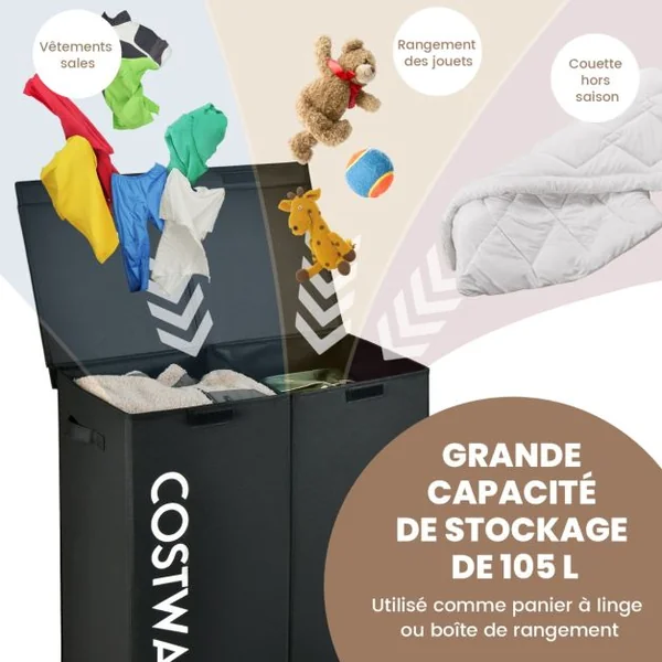 Panier à Linge 2 Compartiments 105 L 2 Couvercles Séparés et 2 Poignées 62 x 31 x 60 cm (L x l x H) Noir