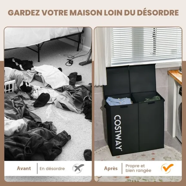 Panier à Linge 2 Compartiments 105 L 2 Couvercles Séparés et 2 Poignées 62 x 31 x 60 cm (L x l x H) Noir