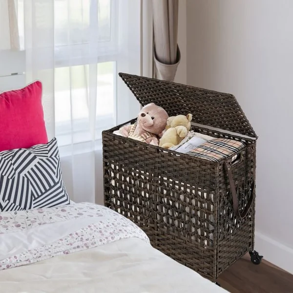 Panier à Linge 2 Compartiments, Corbeille à Linge Pliable 110L en Rotin PE avec Couvercle et 2 Sacs en Coton Amovibles pour Buanderie, Salle de Bain