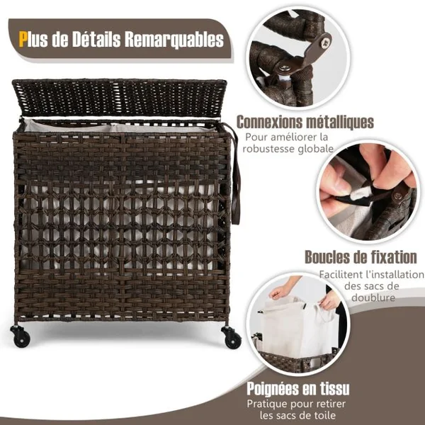 Panier à Linge 2 Compartiments, Corbeille à Linge Pliable 110L en Rotin PE avec Couvercle et 2 Sacs en Coton Amovibles pour Buanderie, Salle de Bain