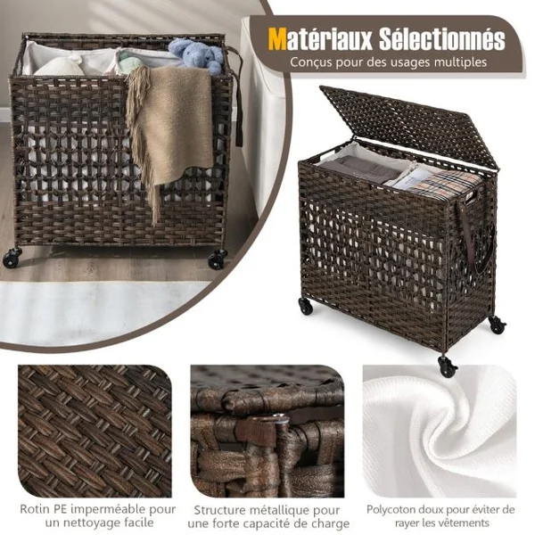 Panier à Linge 2 Compartiments, Corbeille à Linge Pliable 110L en Rotin PE avec Couvercle et 2 Sacs en Coton Amovibles pour Buanderie, Salle de Bain