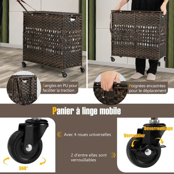 Panier à Linge 2 Compartiments, Corbeille à Linge Pliable 110L en Rotin PE avec Couvercle et 2 Sacs en Coton Amovibles pour Buanderie, Salle de Bain