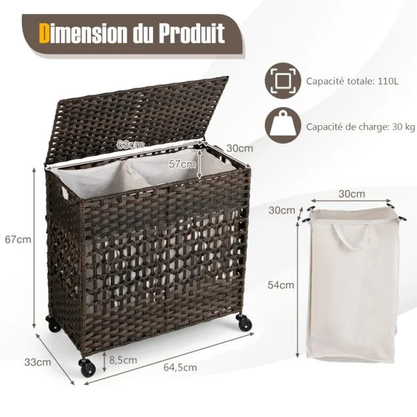 Panier à Linge 2 Compartiments, Corbeille à Linge Pliable 110L en Rotin PE avec Couvercle et 2 Sacs en Coton Amovibles pour Buanderie, Salle de Bain