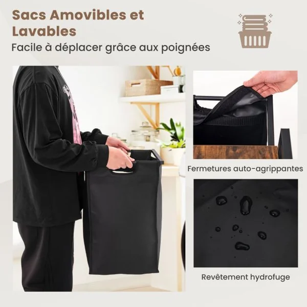 Panier à Linge 2 Sacs (2 x 46L) en Tissu Oxford Amovibles Cadre en Métal 73 x 33 x 72 CM Marron et Noir