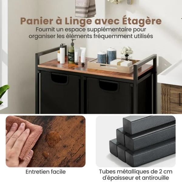 Panier à Linge 2 Sacs (2 x 46L) en Tissu Oxford Amovibles Cadre en Métal 73 x 33 x 72 CM Marron et Noir