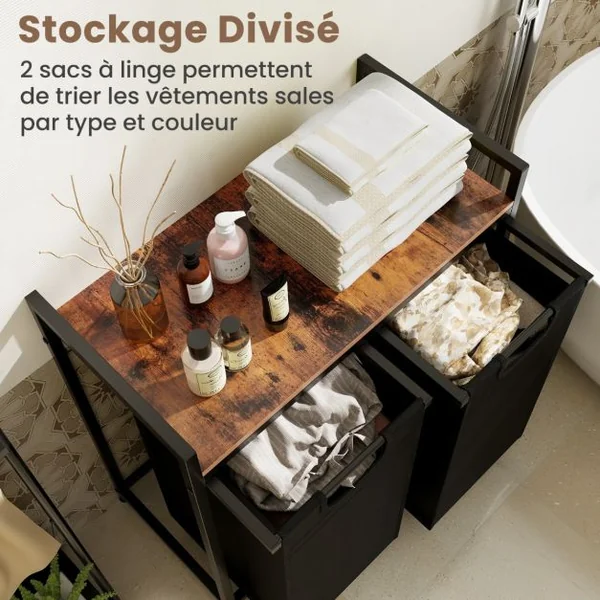 Panier à Linge 2 Sacs (2 x 46L) en Tissu Oxford Amovibles Cadre en Métal 73 x 33 x 72 CM Marron et Noir