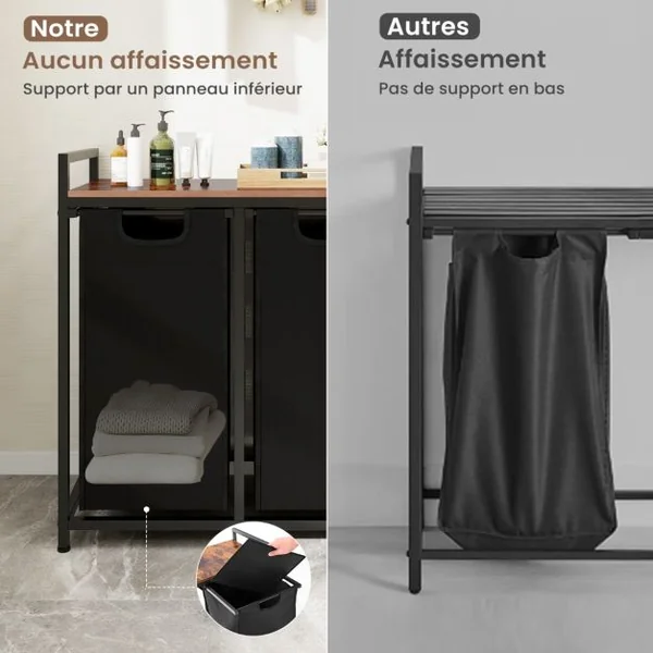 Panier à Linge 2 Sacs (2 x 46L) en Tissu Oxford Amovibles Cadre en Métal 73 x 33 x 72 CM Marron et Noir