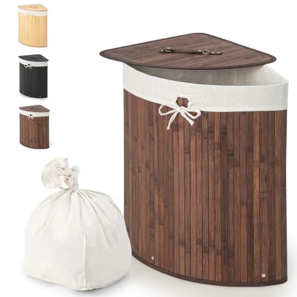 Panier à Linge 58L en Bambou avec Couvercle Bac à Linge d’Angle pour Buanderie Salle de Bain Café