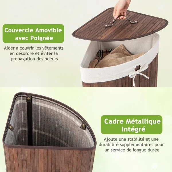 Panier à Linge 58L en Bambou avec Couvercle Bac à Linge d’Angle pour Buanderie Salle de Bain Café