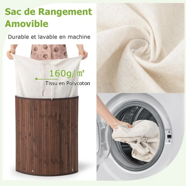 Panier à Linge 58L en Bambou avec Couvercle Bac à Linge d’Angle pour Buanderie Salle de Bain Café