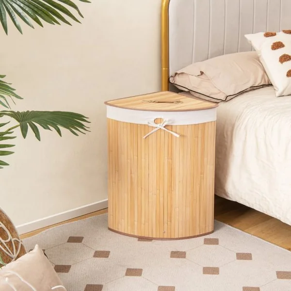 Panier à Linge 58L en Bambou avec Couvercle Bac à Linge d’Angle pour Buanderie Salle de Bain Naturel